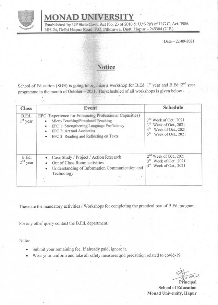 Notice for Workshop -B.Ed.-1st & 2nd year
